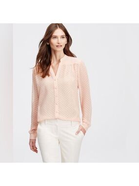 Ann Taylor Mandarin Collar Swiss Dot Button Front Semi Sheer Blouse Women Small